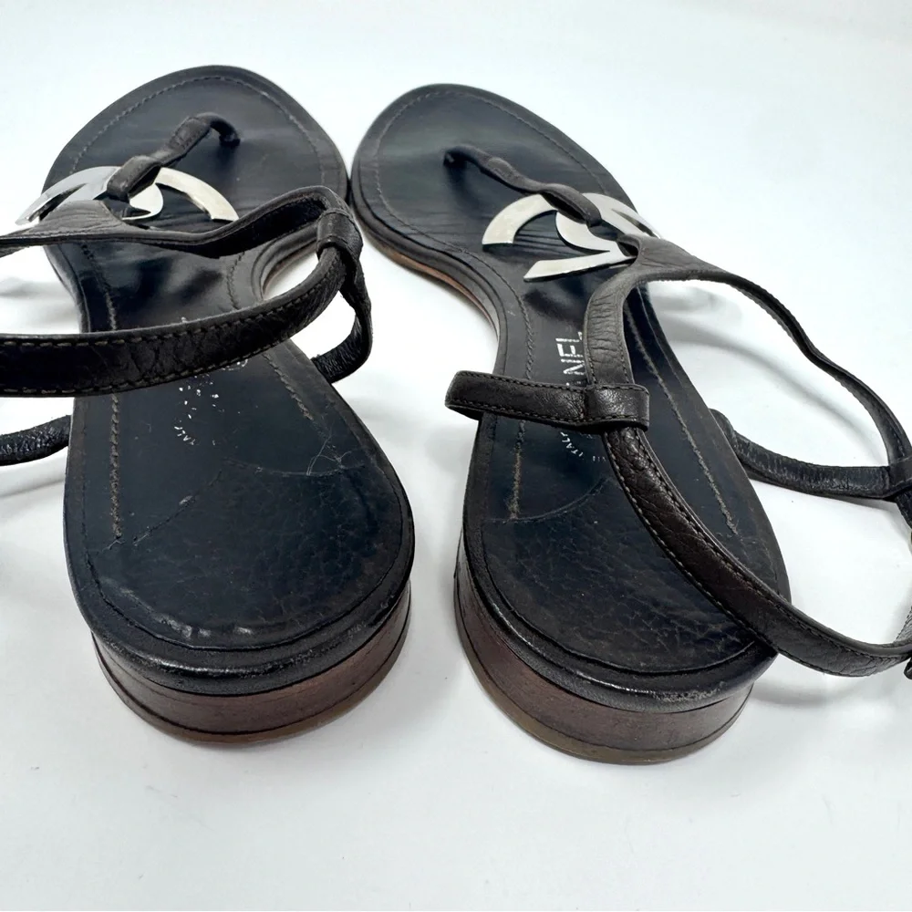 Chanel Dark Brown Leather Silver CC Logo T-Strap Thong Sandals